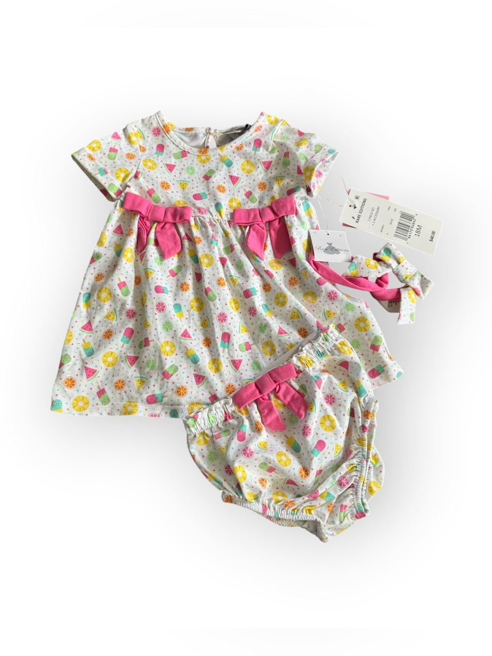 NWT Rare Editions Baby Fruit Print Dress Set with Pink Bows